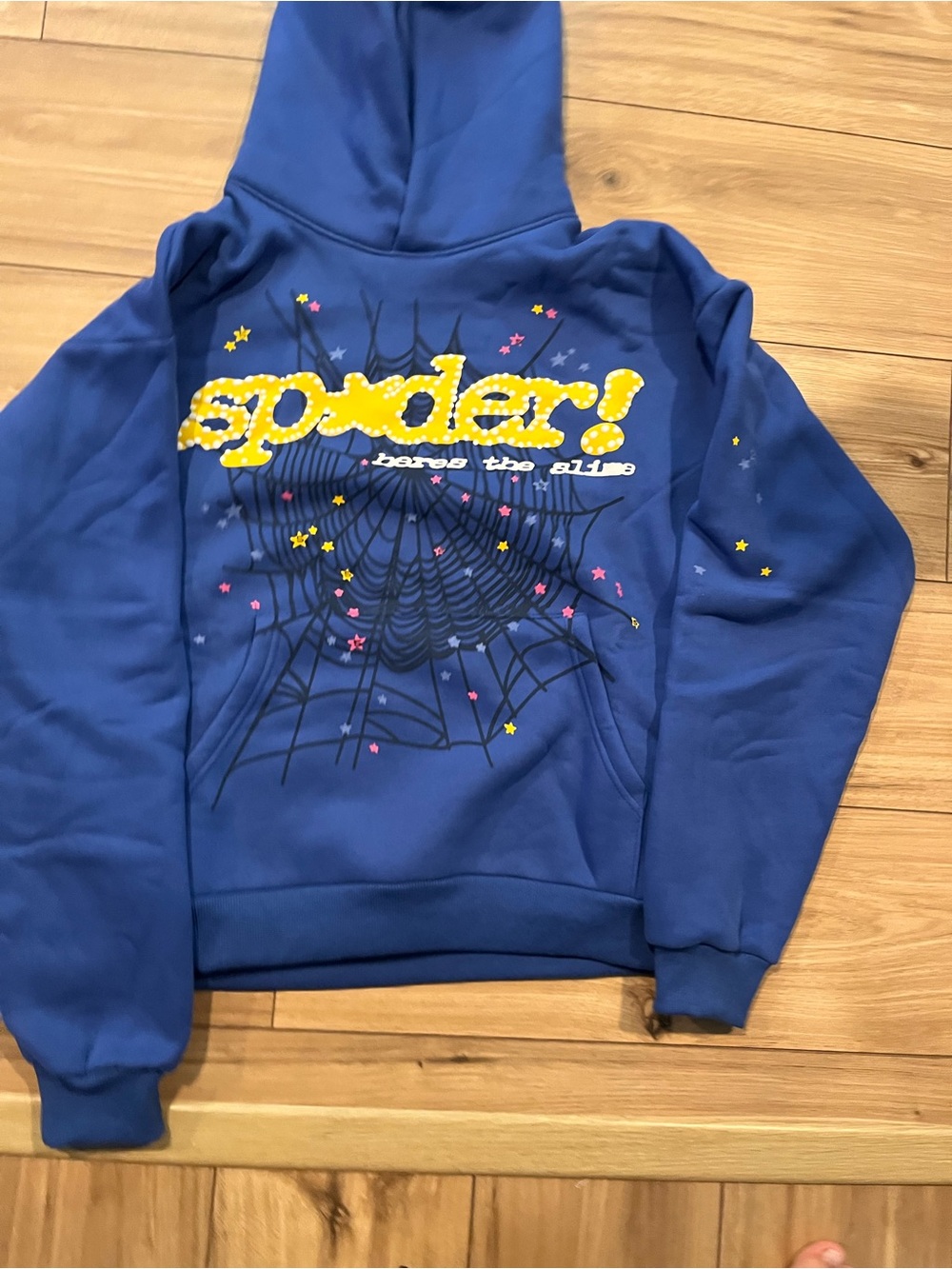 Blue Crewneck Sweater with Spider Web Graphic